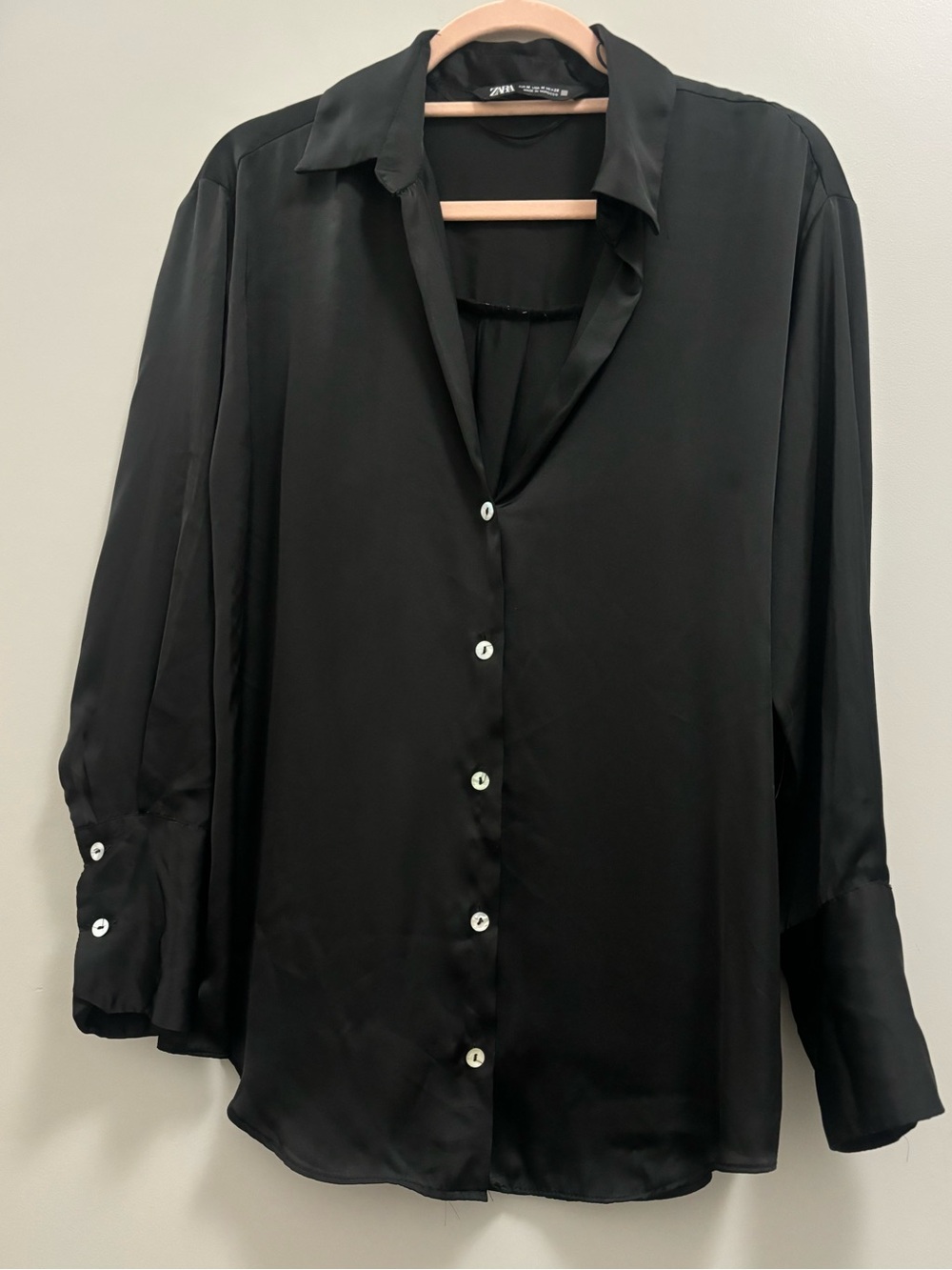 Zara Black Satin Long-Sleeve Button Down Shirt